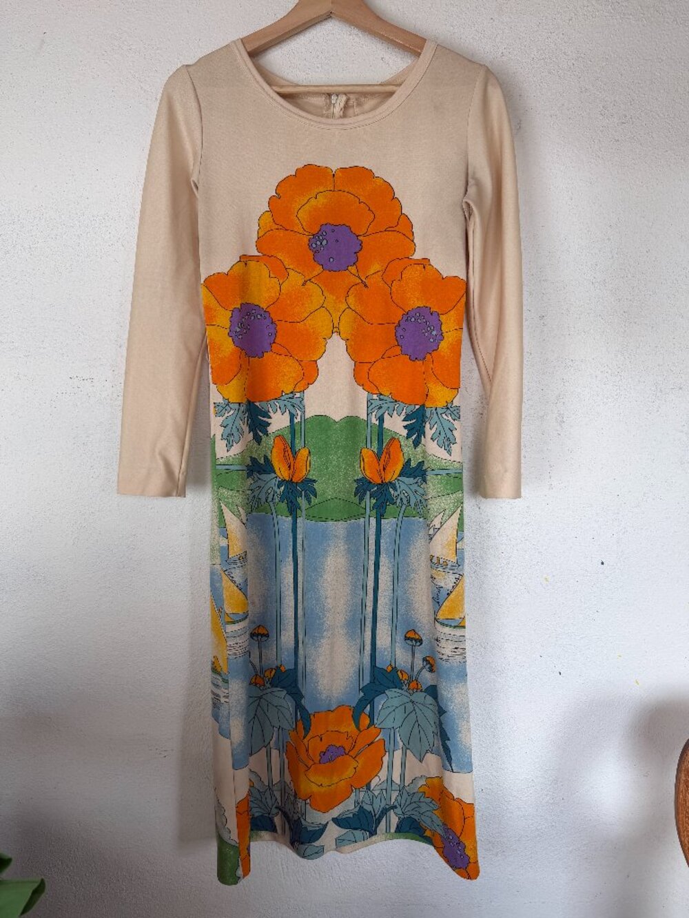 70's Vintage Couture Boutique "Lanvin" California Poppies Art Deco Dress